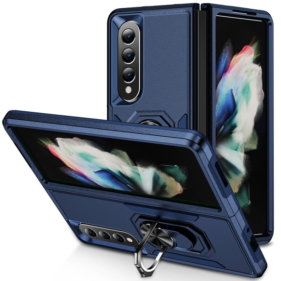 Designed for Samsung Galaxy Z Fold 4 5G Case, Military-Grade Drop Protection, Shockproof Phone Case Cover, Magnetic Car Mount Ring Kickstand Bumper Hard Case for Samsung Galaxy Z Fold 4,Blue/Blue