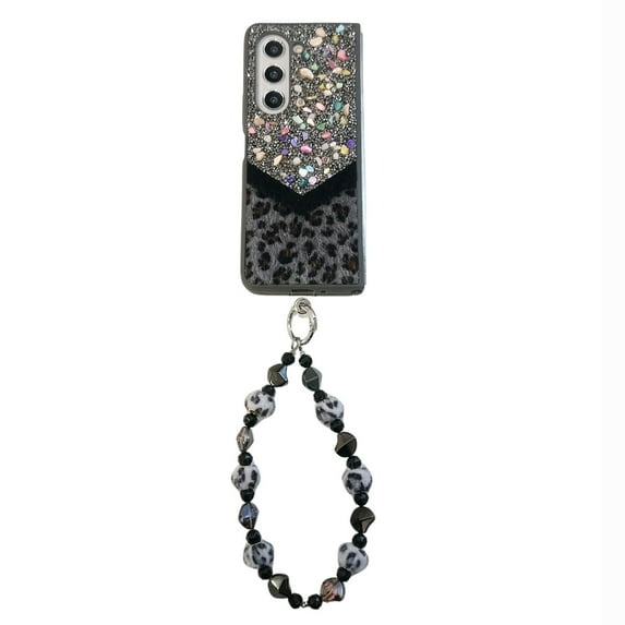 Designed for Samsung Galaxy Z Fold 4 Fluffy Leopard Case, Hard Protection Shockproof Anti-Drop Case, Cute Leopard Pattern Glitter Stone Bling Cover with Leopard Beaded Strap for Women Girls, Black
