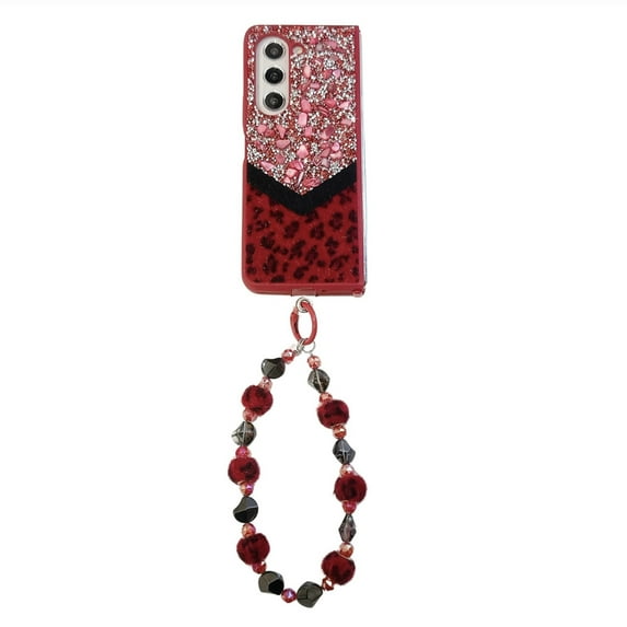 Designed for Samsung Galaxy Z Fold 4 Fluffy Leopard Case, Hard Protection Shockproof Anti-Drop Case, Cute Leopard Pattern Glitter Stone Bling Cover with Leopard Beaded Strap for Women Girls, Red