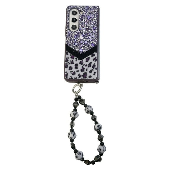 Designed for Samsung Galaxy Z Fold 5 Fluffy Leopard Case, Hard Protection Shockproof Anti-Drop Case, Cute Leopard Pattern Glitter Stone Bling Cover with Leopard Beaded Strap for Women Girls, Purple
