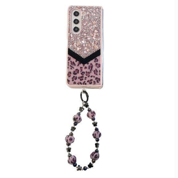 Designed for Samsung Galaxy Z Fold 5 Fluffy Leopard Case, Hard Protection Shockproof Anti-Drop Case, Cute Leopard Pattern Glitter Stone Bling Cover with Leopard Beaded Strap for Women Girls, Pink