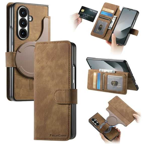 Designed for Samsung Galaxy Z Fold 5 Wallet Case, Magnetic Detachable PU Leather Flip Case with Card Holders Support MagSafe Kickstand Phone Cover RFID Blocking Anti-drop for Samsung Z Fold 5, Brown