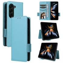 Designed for Samsung Galaxy Z Fold 6 5G Case, Luxury PU Leather Wallet Phone Case with Card Holder Flip Kickstand Drop Protection Phone Case Cover for Samsung Galaxy Z Fold 6 - Cyanblue