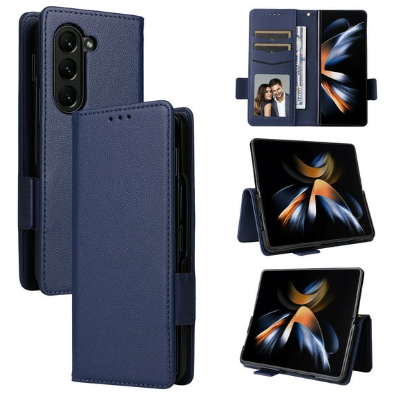 Designed for Samsung Galaxy Z Fold 6 5G Case, Luxury PU Leather Wallet Phone Case with Card Holder Flip Kickstand Drop Protection Phone Case Cover for Samsung Galaxy Z Fold 6 - Darkblue