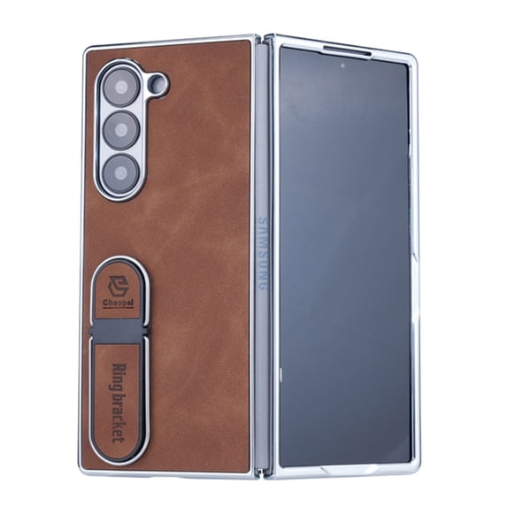 Designed for Samsung Galaxy Z Fold 6 Case, Luxury PU Leather Ring Bracket Plating Frame Shockproof Protective Slim Fit Thin Durable Phone Case Cover for Samsung Galaxy Z Fold 6 - Brown