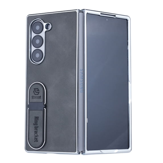 Designed for Samsung Galaxy Z Fold 6 Case, Luxury PU Leather Ring Bracket Plating Frame Shockproof Protective Slim Fit Thin Durable Phone Case Cover for Samsung Galaxy Z Fold 6 - Gray
