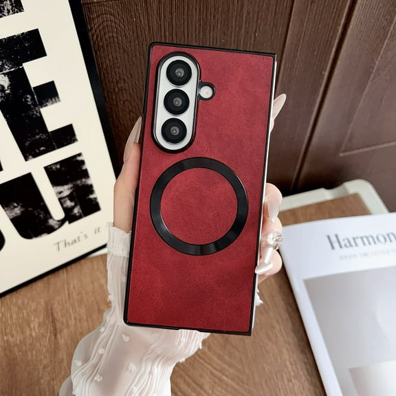 Designed for Samsung Galaxy Z Fold 6 Magnetic Phone Case,Compatible with Mag-Safe,Ultra Slim 2-in-1 Heavy Duty Anti-Scratch PU Leather Back+Hard PC Bumper Shockproof Phone Case,Red