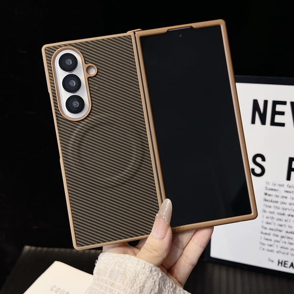 Designed For Samsung Galaxy Z Fold 6 Magnetic Phone Case,Fiber Pattern PU Leather Back,Compatible with Mag-Safe,Ultra Slim Shockproof Anti-Scratch Durable Thin Fit Phone Case,Brown