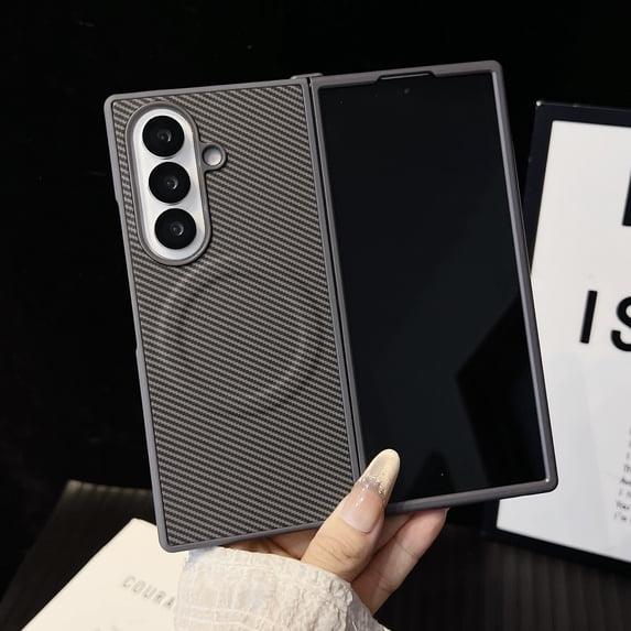 Designed For Samsung Galaxy Z Fold 6 Magnetic Phone Case,Fiber Pattern PU Leather Back,Compatible with Mag-Safe,Ultra Slim Shockproof Anti-Scratch Durable Thin Fit Phone Case,Gray