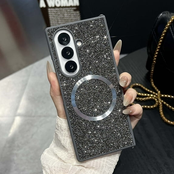 Designed for Samsung Galaxy Z Fold 6 Magnetic Phone Case,For Women Girls,Compatible with Mag-Safe,Bling Glitter Back, Slim Ultra Thin Cover,Shockproof Anti-Scratch Rugged Phone Case,Gray