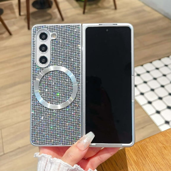 Designed for Samsung Galaxy Z Fold 7 Magnetic Phone Case,Luxury Glitter Sequins Back,Silver Bumper,Compatible with Mag-Safe,Shockproof Rugged Ultra Slim Durable Phone Case,Silver