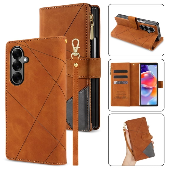 Designed For Samsung Galaxy Z Fold 7 Wallet Cases 9 Card Slots Zipper Purse Leather Card Slot Flip Kickstand Magnetic Closure Cover with Wrist Strap For Samsung Galaxy Z Fold 7, Brown