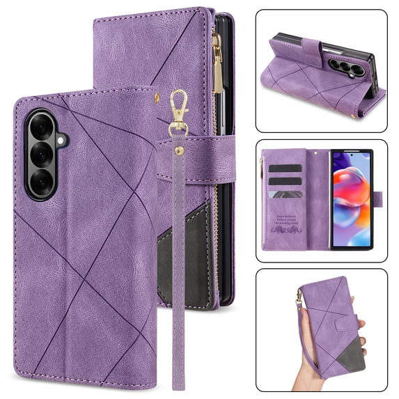 Designed For Samsung Galaxy Z Fold 7 Wallet Cases 9 Card Slots Zipper Purse Leather Card Slot Flip Kickstand Magnetic Closure Cover with Wrist Strap For Samsung Galaxy Z Fold 7, Purple