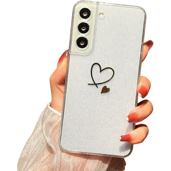 Designed for Samsung S22 Case, Cute Heart Bling Glitter Clear Case for Women Girls, Soft Shockproof Protective Transparent Cover for Samsung S22 5G 6.1 inches 2022(Heart a)