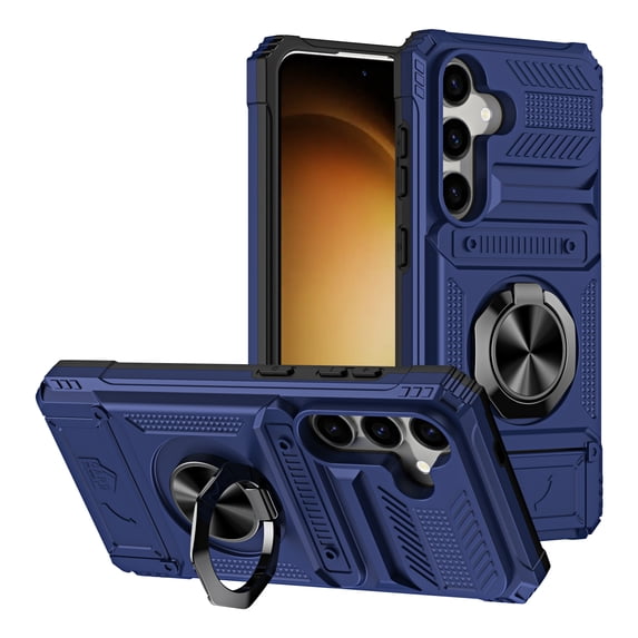 Designed for Samsung S23 Card Holder Case with 360°Rotatable Ring Holder Kickstand,2-Layer Heavy Duty Shockproof Rugged Hybrid Hard PC Soft Rubber Case For Samsung Galaxy S23,Blue