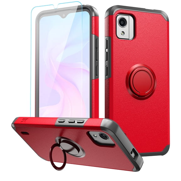 Designed for T-Mobile Revvl 7 5G Kickstand Hybrid with 360° Rotate Ring Stand Magnetic Hard PC TPU Shockproof + Screen Protectror Phone Case Cover [Red]