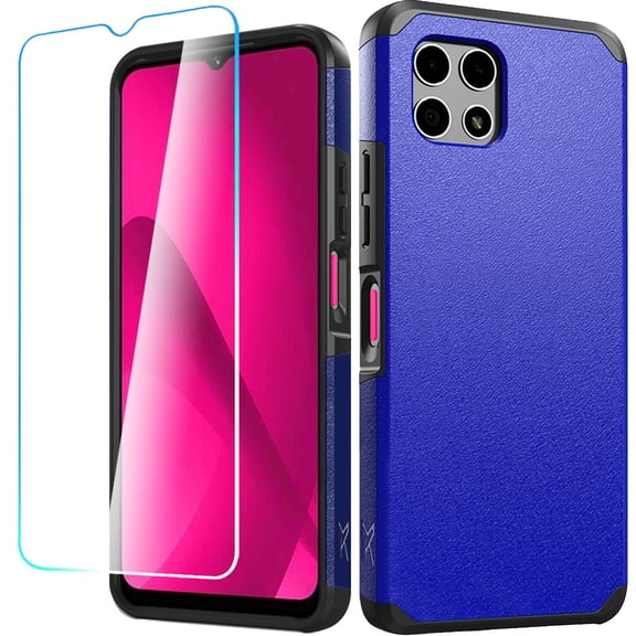 Designed for T-Mobile Revvl 7 5G Tough Strong Protection Shock Absorption Hybrid Dual Layer Hard PC TPU Rubber + Screen Protector Phone Case Cover [Blue]