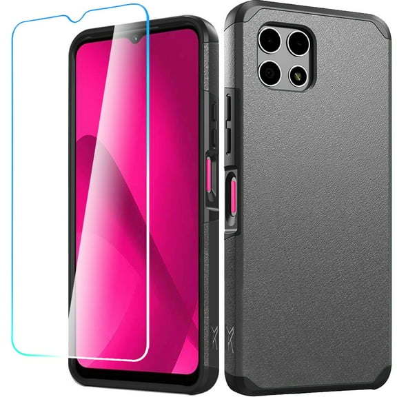 Designed for T-Mobile Revvl 7 5G Tough Strong Protection Shock Absorption Hybrid Dual Layer Hard PC TPU Rubber + Screen Protector Phone Case Cover [Gray]