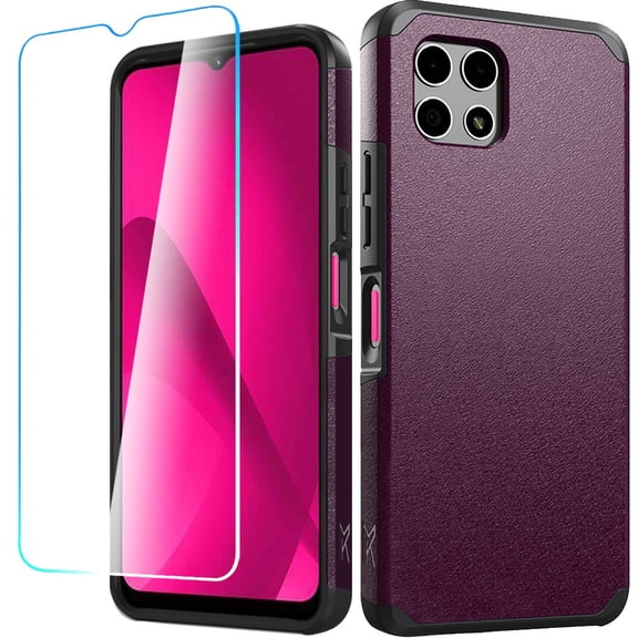 Designed for T-Mobile Revvl 7 Pro 5G Tough Strong Protection Shock Absorption Hybrid Dual Layer Hard PC TPU Rubber + Screen Protector Phone Case Cover [Dark Purple]