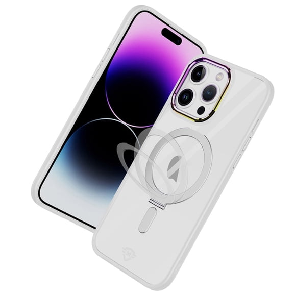 Designed for Apple iPhone 14 /iPhone 13 Magnetic Circle Ring Stand Clear Alloy Chrome Frame Hybrid with MagSafe Compatible Phone Case Cover [Clear]