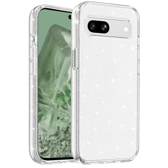 Designed for Google Pixel 8A Transparent Crystal Glitter Shiny Sparkle Bling TPU Rubber Hard PC Back Hybrid Armor Frame Phone Case Cover [Clear]