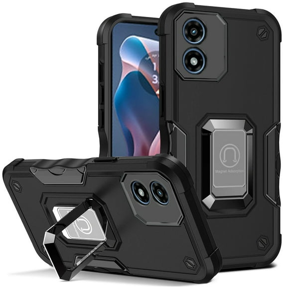 Designed for Motorola Moto G Play 2024 Hybrid Cases with Magnetic Ring Holder Stand Kickstand Heavy Duty Rugged Shockproof Phone Case Cover [Black]