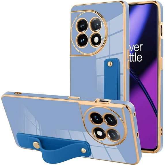 Designed for OnePlus 11 5G Case with Strap Luxury Plating Gold Bumper Phone Cover Wristband Kickstand Full Body Protective Slim Case for Women-Blue
