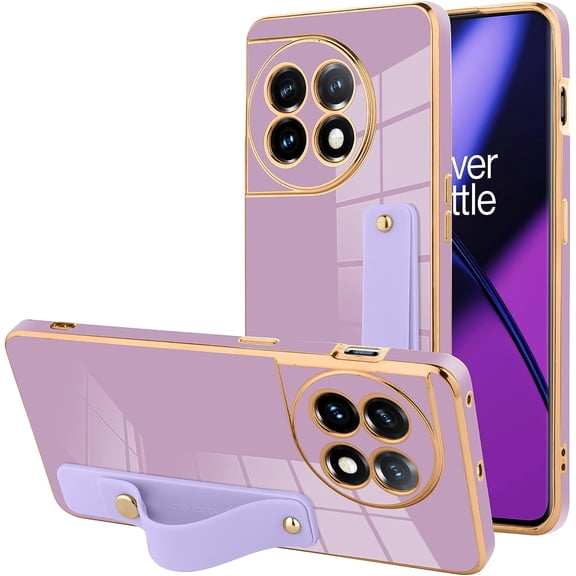Designed for OnePlus 11 5G Case with Strap Luxury Plating Gold Bumper Phone Cover Wristband Kickstand Full Body Protective Slim Case for Women-Purple