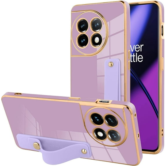 Designed for OnePlus 11 5G Case with Strap Luxury Plating Gold Bumper Phone Cover Wristband Kickstand Full Body Protective Slim Case for Women-Purple