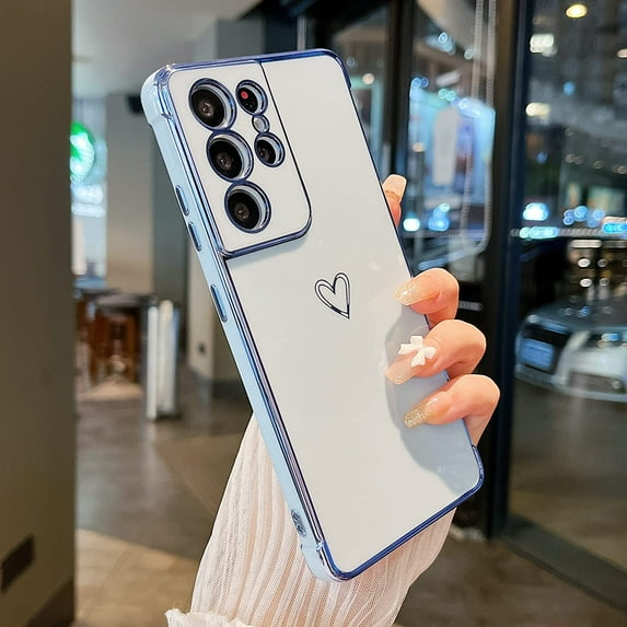 Designed for Samsung Galaxy S21 Ultra 5G Case,Cute Plating Edge Love Hearts Pattern with Camera Lens Protection Phone Cover for Girls Women,Blue