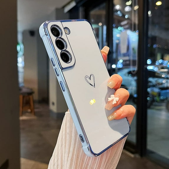 Designed for Samsung Galaxy S22 5G Case,Cute Plating Edge Love Hearts Pattern with Camera Lens Protection Phone Cover for Girls Women,Blue