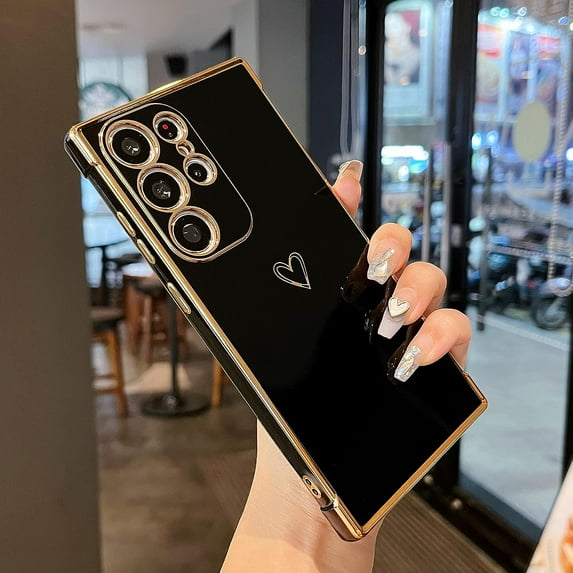 Designed for Samsung Galaxy S22 Ultra 5G Case,Cute Plating Edge Love Hearts Pattern with Camera Lens Protection Phone Cover for Girls Women,Black