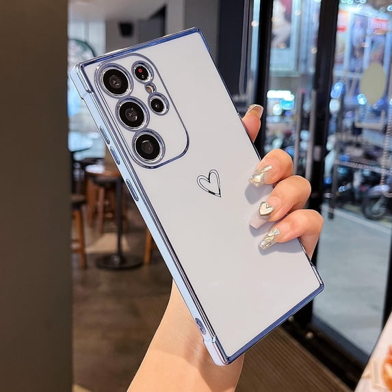 Designed for Samsung Galaxy S22 Ultra 5G Case,Cute Plating Edge Love Hearts Pattern with Camera Lens Protection Phone Cover for Girls Women,Blue