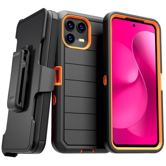Designed for T-Mobile Revvl 8 Pro Case with Belt Clip Holster & Kickstand, Screenless Dual-Layer Shockproof Phone Case - Black & Orange