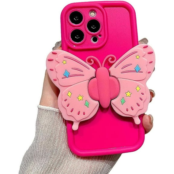 Designed for iIPhone Case,Cute Silicone with Kickstand Butterfly Camera Lens Protection Shockproof Cover Phone Case (iPhone 13 Pro,Red)