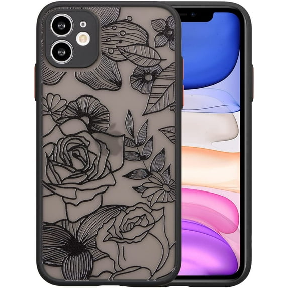 Designed for iPhone 11 6.1 Inch Case, Rose Pattern Floral Print Design Slim Case for Girls Women TPU Bumper Shockproof Protective Cover, Black