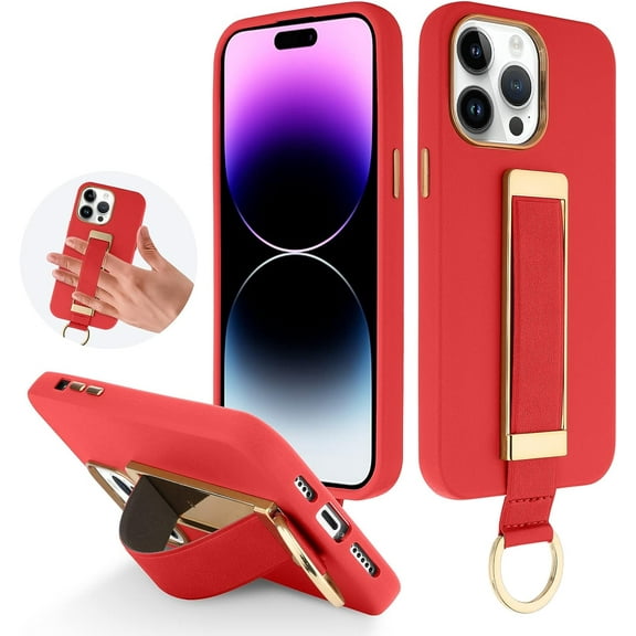 Designed for iPhone 13 Pro Max Case with Finger Loop Strap Luxury Gold Plating Leather Kickstand Wristand Phone Cover for Women Men-Red