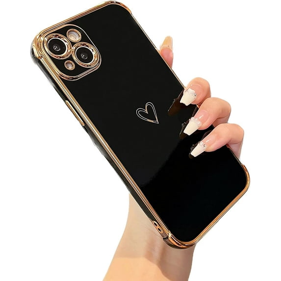 Designed for iPhone 14 Plus 6.7 inch Case,Cute Plating Edge Love Hearts Pattern with Camera Lens Protection Phone Cover for Girls Women,Black