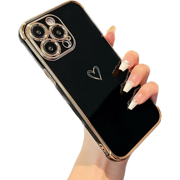 Designed for iPhone 14 Pro Max Case 6.7 inch,Cute Plating Edge Love Hearts Pattern with Camera Lens Protection Phone Cover for Girls Women,Black