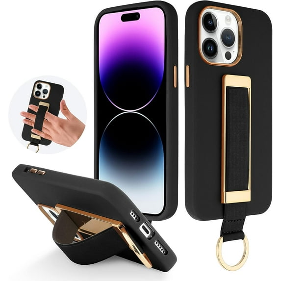 Designed for iPhone 14 Pro Max Case with Finger Loop Strap Luxury Gold Plating Leather Kickstand Wristand Phone Cover for Women Men-Black