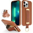 thumbnail image 1 of Designed for iPhone 14 Pro Max Case with Finger Loop Strap Luxury Gold Plating Leather Kickstand Wristand Phone Cover for Women Men-Brown, 1 of 11