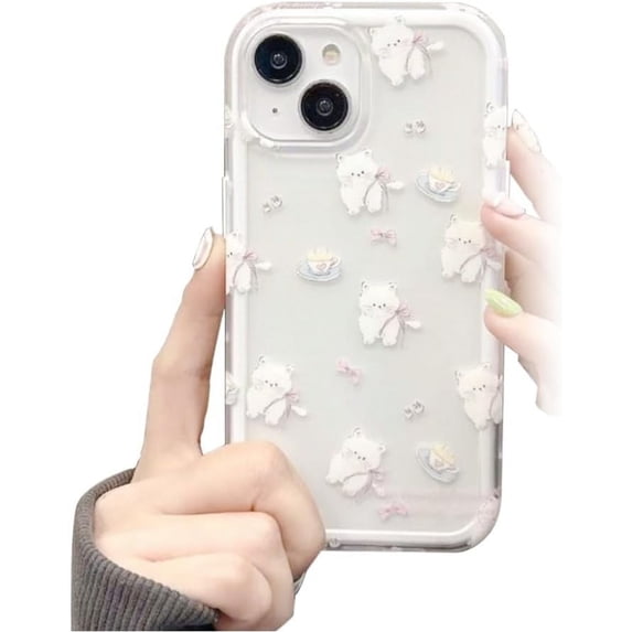 Designed for iPhone Case,2in1 Cute Cat Pattern Camera Lens Protection Shockproof Protective Cover Phone Case (iPhone 15 Pro,White)