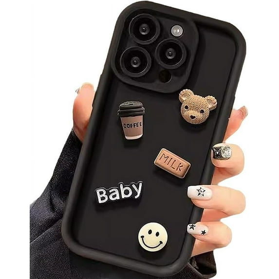 Designed for iPhone Case,3D Cute Coffee Bear Camera Lens Protection Shockproof Protective Cover Phone Case (Black,iPhone 16 Plus)