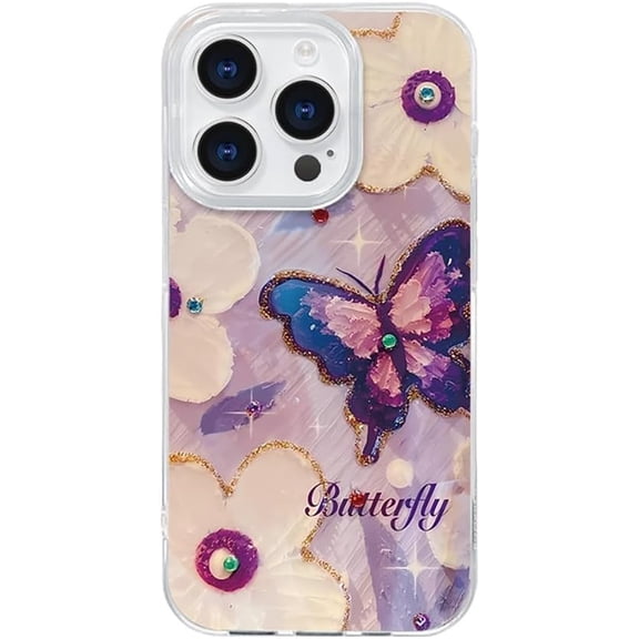 Designed for iPhone Case, 3D Rhinestone Painting Flower Butterfly Soft Phone Case(Purple, for iPhone 14 Plus)