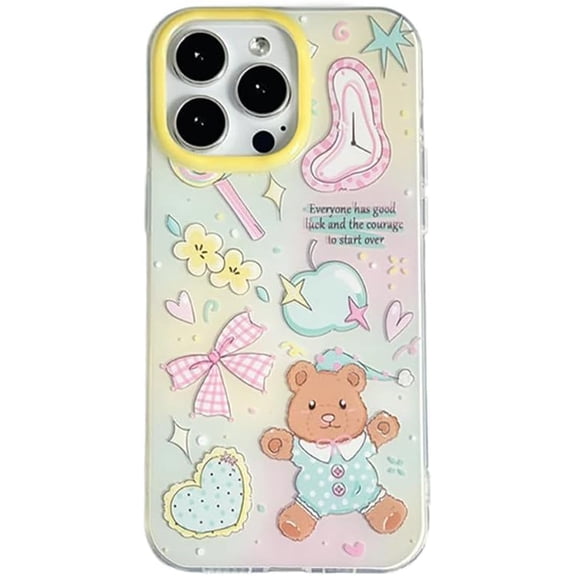 Designed for iPhone Case, Cartoon Cute Bear Bow Love Heart Hard Phone Case(Colored, for iPhone 15 Pro)