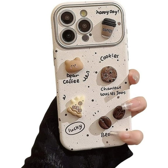 Designed for iPhone Case,Cute Bear Coffee Pattern Large View Camera Lens Protection Shockproof Protective Cover Phone Case (iPhone 15,White)