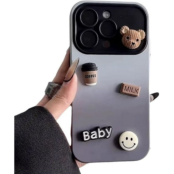 Designed for iPhone Case,Cute Bear Matte Gradient Large View Camera Lens Protection Shockproof Protective Cover Phone Case (iPhone 15 Pro,Grey)