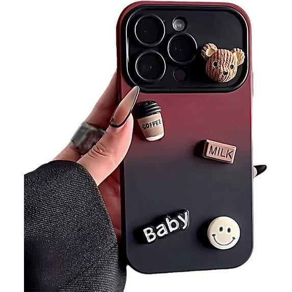 Designed for iPhone Case,Cute Bear Matte Gradient Large View Camera Lens Protection Shockproof Protective Cover Phone Case (iPhone 16 Pro,Red)