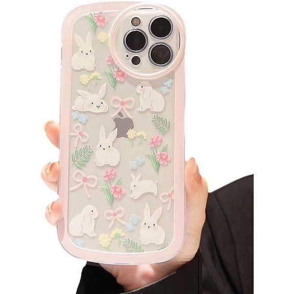 Designed for iPhone Case,Cute Bunny Flower Pattern Pink Frame Silicone Shockproof Protective Cover Phone Case (iPhone 16 Plus,Pink)