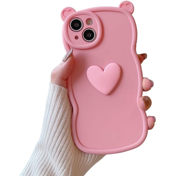 Designed for iPhone Case,Cute Cat Ear Water Wave Frame with 3D Love Heart Candy Color Shockproof Protective Cover Phone Case (iPhone 13,Pink)